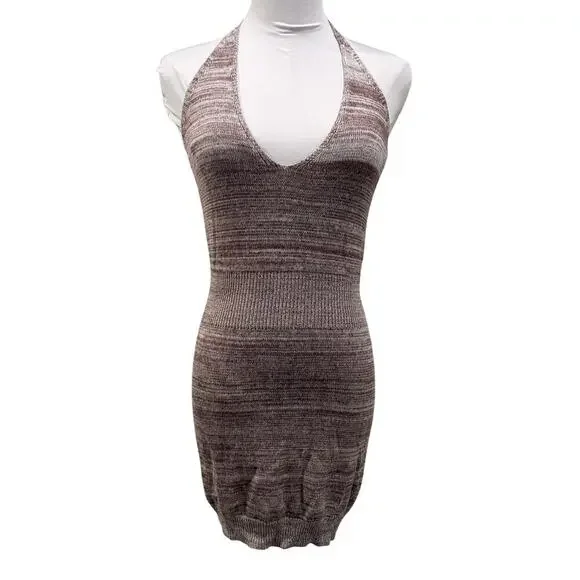 Sans Souci Halter Knit Mini Dress Brown Neutral Stretch Bodycon Large Vacation - Picture 2 of 9